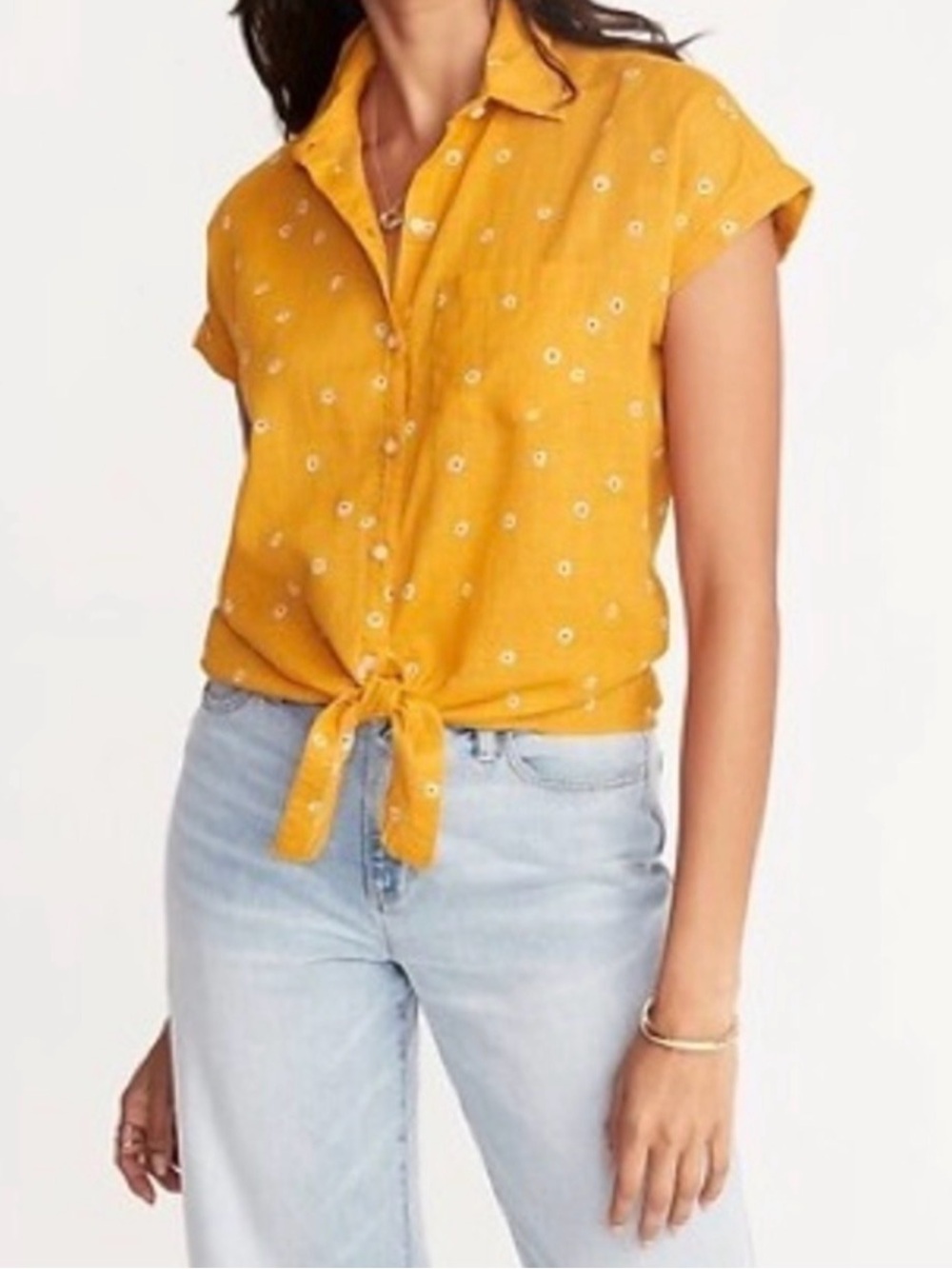 Old Navy Mustard Yellow Tie-Front Short Sleeve Button-Down Shirt